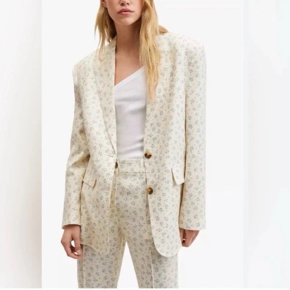 Mango Americana Holborn Floral Linen Blazer Women's Cream Cottage Prairie